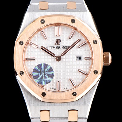 홍콩명품 [오데마피게] 남성용 로얄오크 18K 로즈골드 투톤콤비 화이트 와플 다이얼 브레이슬릿 쿼츠 무브먼트 AUD0251  