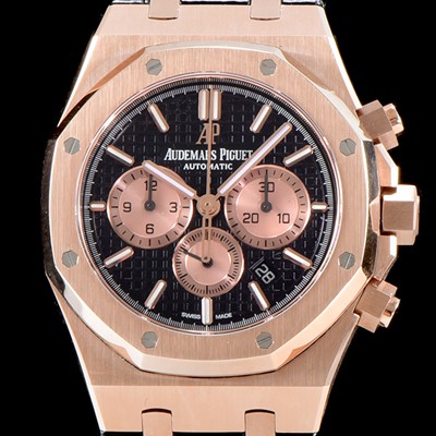 홍콩명품 [오데마피게] 남성용 NEW 로얄오크 26320OR.OO.1220OR.01 18K 로즈골드 41mm 사이즈 드레스 워치!! 크로노그래프 블랙 와플 다이얼 브레이슬릿 신형 ETA 7750B-2 오토매틱 무브먼트 AUD0120  