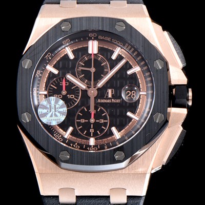 홍콩명품 [오데마피게] 남성용 NEW MOVT UP!! 로얄오크 오프쇼어 26401RO.OO.A002CA.02 18K 로즈골드 블랙 세라믹 베젤 크로노그래프 블랙 와플 다이얼 오토매틱 무브먼트 AUD0200  