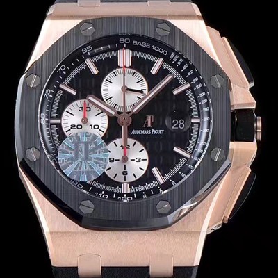 홍콩명품 [오데마피게] 남성용 NEW MOVT UP!! 로얄오크 오프쇼어 26401RO.OO.A002CA.01 18K 로즈골드 블랙 세라믹 베젤 크로노그래프 블랙 와플 다이얼 오토매틱 무브먼트 AUD40200  