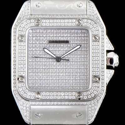 홍콩명품 [까르띠에] 남성용 산토스 100 베스트 에디션 W20073X8 미듐 모델 화이트 골드 풀다이아몬드 셋팅 오토매틱 무브먼트 CAR4010  