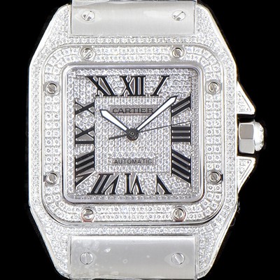 홍콩명품 [까르띠에] 남성용 산토스 100 베스트 에디션 W20073X8 미듐 모델 화이트 골드 풀다이아몬드 셋팅 오토매틱 무브먼트 CAR4015  