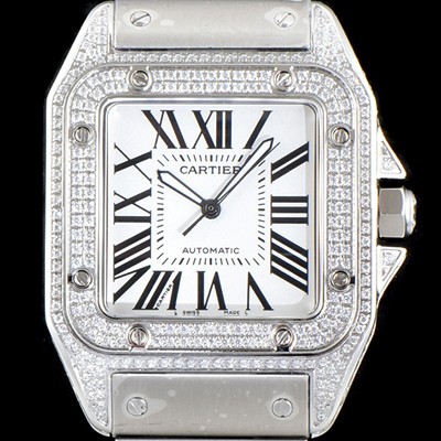 홍콩명품 [까르띠에] 남성용 산토스 100 베스트 에디션 W20073X8 미듐 모델 화이트 골드-다이아몬드 실버 마감 오팔린 다이얼 오토매틱 무브먼트 CAR4011  