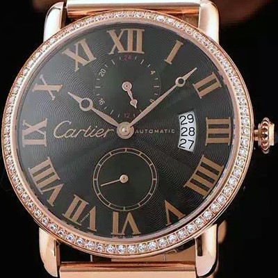 홍콩명품 [까르띠에] 남성용 롱드더 까르띠에 서브 세컨즈 18k 로즈골드 쥬얼 다이아몬드 베젤 물결무늬 블랙 다이얼 골드 로마 인덱스 스위스 ETA 2824-A2오토매틱 무브먼 CAR0300  