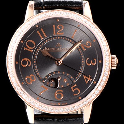 홍콩명품 [예거르꿀르뜨] 남성용 랑데부 나잇&데이 3442150 레이디 워치 18K 로즈골드 최상급 다이아몬드 세팅 베젤 문페이즈 그레이 다이얼 오토매틱 무브먼트 JAG0423  