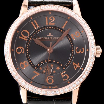 홍콩명품 [예거르꿀르뜨] 남성용 랑데부 나잇&데이 3442150 레이디 워치 18K 로즈골드 최상급 다이아몬드 세팅 베젤 문페이즈 그레이 다이얼 오토매틱 무브먼트 JAG0421  