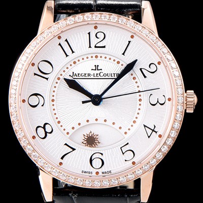 홍콩명품 [예거르꿀르뜨] 남성용 랑데부 나잇&데이 3442440 레이디 워치 18K 로즈골드 최상급 다이아몬드 세팅 베젤 문페이즈 화이트 텍스쳐드 다이얼 오토매틱 무브먼트 JAG0424  