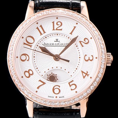 홍콩명품 [예거르꿀르뜨] 남성용 랑데부 나잇&데이 3442440 레이디 워치 18K 로즈골드 최상급 다이아몬드 세팅 베젤 문페이즈 화이트 텍스쳐드 다이얼 오토매틱 무브먼트 JAG0440  