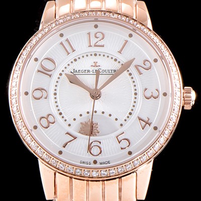 홍콩명품 [예거르꿀르뜨] 남성용 랑데부 나잇&데이 3442130 미디엄 레이디 워치!! 브릴리언트 컷 다이아몬드 고급스러운 18K로즈골드 케이스 문페이즈 화이트 기요셰 다이얼 오토매틱 무브먼트 JAG0452  