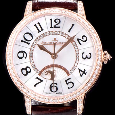 홍콩명품 [예거르꿀르뜨] 남성용 랑데부 나잇&데이 3442440 레이디 워치 18K 로즈골드 최상급 다이아몬드 세팅 베젤 문페이즈 자개 다이얼 오토매틱 무브먼트 JAG0420  