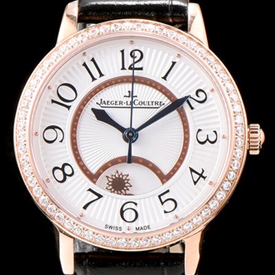 홍콩명품 [예거르꿀르뜨] 남성용 랑데부 나잇&데이 3442440 레이디 워치 18K 로즈골드 최상급 다이아몬드 세팅 베젤 문페이즈 화이트 텍스쳐드 다이얼 오토매틱 무브먼트 JAG0425  