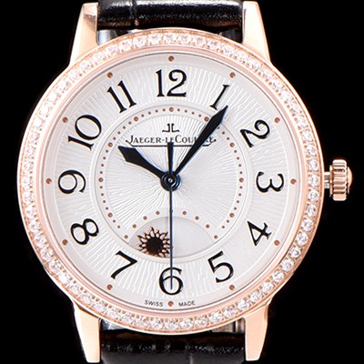 홍콩명품 [예거르꿀르뜨] 남성용 랑데부 나잇&데이 Q3442520 레이디 워치 18K 로즈골드 최상급 다이아몬드 세팅 베젤 문페이즈 화이트 텍스쳐드 다이얼 오토매틱 무브먼트 JAG0440  