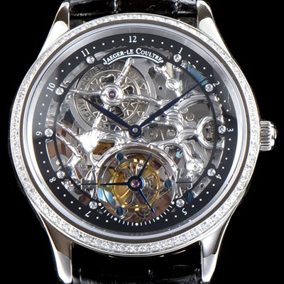 홍콩명품 [예거르쿨트르] 남성용 신형 마스터 그랜드 투어빌론 1:1 수공 맞물림 형식의 쥬얼라인 블랙&실버 스켈레톤 다이얼 투어빌론 무브먼트 JAG0401  