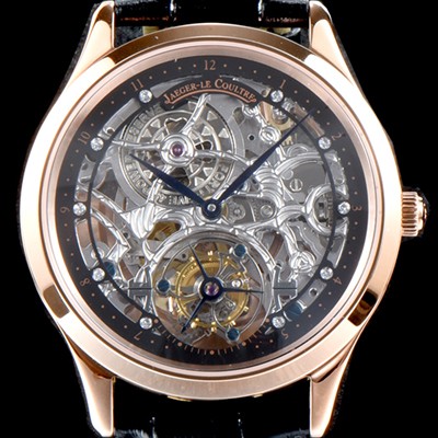홍콩명품 [예거르쿨트르] 남성용 신형 마스터 그랜드 투어빌론 18K 로즈골드 케이스 쥬얼 다이아몬드 인덱스 블랙&실버 스켈레톤 다이얼 투어빌론 무브먼트 JAG0402  