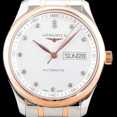 홍콩명품 [론진] 남성용 마스터 컬렉션 L2.755.5.97.7 클래식 데이데이트 논크로노 모델!! 18K 로즈골드 투톤콤비 화이트 텍스쳐드 다이얼 브레이슬릿 오토메틱 무브먼트 LON0404  