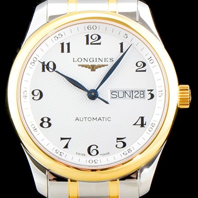 홍콩명품 [론진] 남성용 마스터 컬렉션 L2.755.5.78.7 클래식 데이데이트 논크로노 모델!! 18K 옐로우골드 투톤콤비 화이트 텍스쳐드 다이얼 브레이슬릿 오토메틱 무브먼트 LON0400  