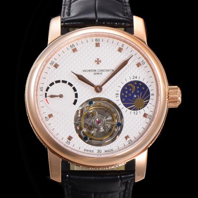홍콩명품 [바쉐런콘스탄틴]남성용 트레디셔널 투어빌론 오토매틱 문페이즈 44mm 18K 로즈골드 가죽줄 화이트다이얼 vac27348  