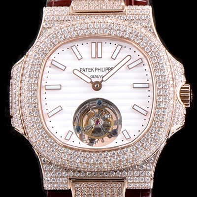 홍콩명품 [파텍필립] 남성용 노틸러스 뚜르비옹 18K 로즈 골드 최상급쥬얼 다이아몬드 풀 세팅 케이스 화이트 텍스쳐 다이얼 아시안 투어빌론 탑재 PAT0130  