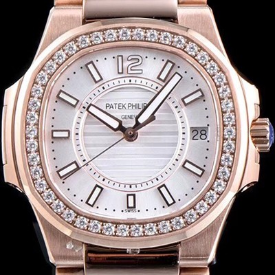 홍콩명품 [파텍필립] 여성용 노틸러스 7010/1R-001 하이엔드 최상급쥬얼 다이아몬드 베젤 18K 로즈골드 화이트 텍스쳐 다이얼 브레이슬릿 스위스 정품 쿼츠 무브먼트 PAT0104  
