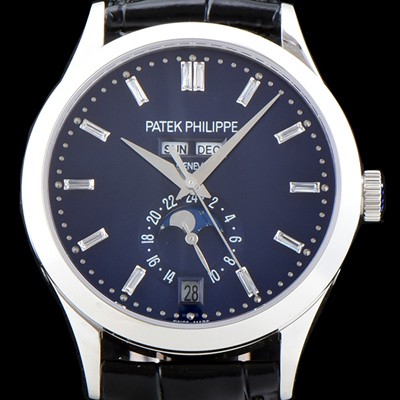 홍콩명품 [파텍필립] 남성용 신형!!컴플리케이션 5396R-014 에뉴얼 캘린더 데이-데이트 문페이즈 바게트 컷 다이아몬드 인덱스 네이비 다이얼 Cal.324 S C 오토매틱 무브먼트 PAT0101  