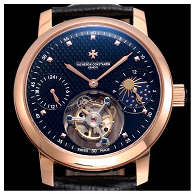 홍콩명품 [바쉐론콘스탄틴] 남성용 최고의 디테일!! 패트리모니 투어빌론 & GMT 문페이즈 고급스러운 18K 로즈골드 블랙 텍스쳐드 다이얼 아시안 투어빌론 탑재 무브먼트 VAC0220  