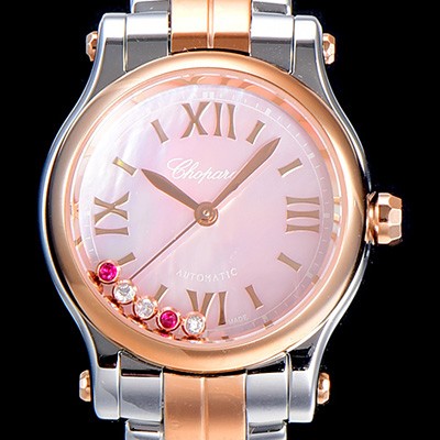 홍콩명품 [쇼파드]여성용 해피스포츠 미니 오토매틱 30미리 레이디스 18K로즈골드 투톤콤비 장식 자게다이얼 핑크 CHO77241  