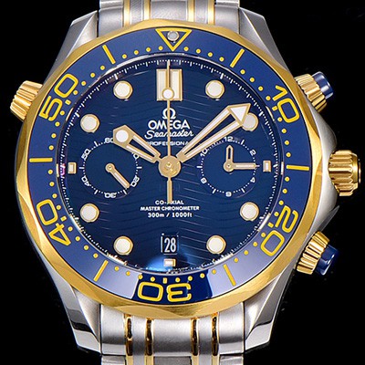 홍콩명품 [오메가]남성용 씨마스터 다이버 300M 마스터 크로노그래프 옐루골드 44mm 블루다이얼 OMG53678  