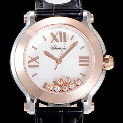 홍콩명품 [쇼파드]해피스포츠 라운드 쿼츠 로즈골드 투톤-콤비 ETA-955.112 레이디 36미리 가죽줄 화이트다이얼 CHO73679  