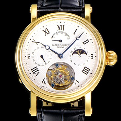 홍콩명품 [파텍필립] 남성용 그렌드 컴플리케이션 투어빌론 문페이즈 42mm 옐루골드 금장시계 가죽줄 오토매틱 화이트다이얼 PAT75392  