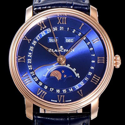 홍콩명품 [블랑팡] 남성용 빌레레 퀀탬 컴플레트 문페이즈 Cal.6654 오토매틱 40미리 블랙가죽줄 18K 로즈골드 블루다이얼 BLA77837  