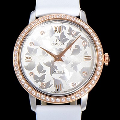 홍콩명품 [오메가] 여성용 드빌 프레스티지 32.7미리 쿼츠 금장 보석/큐빅 셋팅 4061타입 레이디 소가죽줄 화이트다이얼 OMG79446  