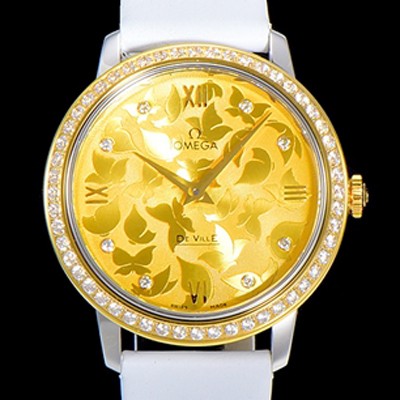 홍콩명품 [오메가] 여성용 드빌 프레스티지 32.7미리 쿼츠 금장 보석/큐빅 셋팅 4061타입 레이디 소가죽줄 골드다이얼 OMG79437  