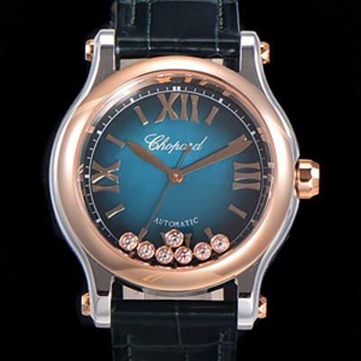 홍콩명품 [쇼파드] 여성용 해피 스포츠 오토매틱 ETA2892-2 타입 36mm 래이디스/금장시계 18K로즈골드 가죽줄 블루다이얼 cho74208  