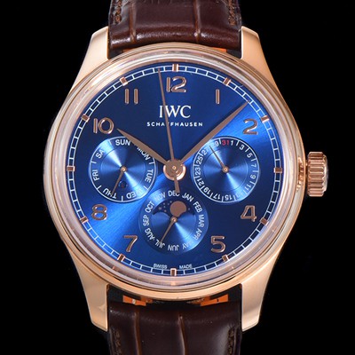 홍콩명품 [아이더블유씨] 남성용 포르투기즈 IW344205 퍼페추얼 캘린더 문페이즈 오토매틱 42mm Cal.82650 타입 18K 로즈골드 가죽줄 블루다이얼   iwc30421  