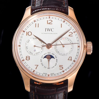 홍콩명품 [아이더블유씨] 남성용 포르투기즈 IW344202 퍼페추얼 캘린더 문페이즈 오토매틱 42mm Cal.82650 타입 18K 로즈골드 가죽줄 화이트다이얼   iwc25810  