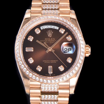 홍콩명품 [로렉스] 남성용 데이데이트 오토매틱 Cal.3235타입 36mm 금장시계 로즈골드 올금 다이아베젤부착 메탈줄 브라운다이얼 rol37581  