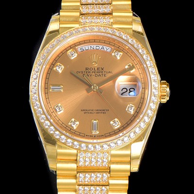 홍콩명품 [로렉스] 남성용 데이데이트 오토매틱 Cal.3235타입 36mm 금장시계 옐루골드 올금 다이아베젤부착 메탈줄 골드다이얼 rol50698  