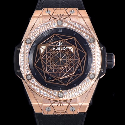 홍콩명품 [휴블렛] 남성용 빅뱅 쌍 블루 오토매틱 HUB1213타입 45미리 18K 로즈골드 다이아몬드/보석 베젤 가죽/우레탄 믹스밴드 블랙다이얼 hub63518  
