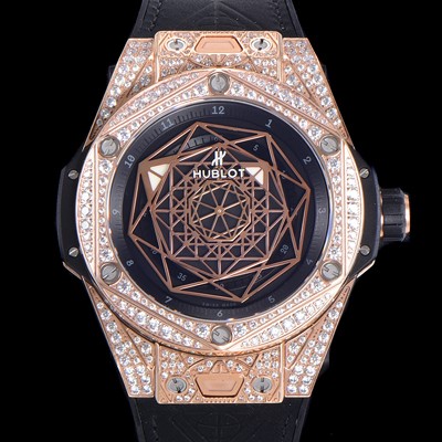 홍콩명품 [휴블렛] 남성용 빅뱅 쌍 블루 오토매틱 HUB1213타입 45미리 18K 로즈골드 다이아몬드/보석 케이스 가죽/우레탄 믹스밴드 블랙다이얼 hub97824  