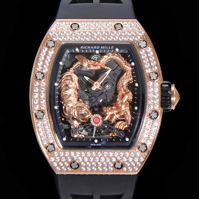 홍콩명품 [리차드밀레] 남성용 리차드밀 RM035 타이거&드래곤 미쉘 요 워치!! 수공 맞물림 형식의 쥬얼세팅 고급스러운 18K 로즈골드 스켈레톤 다이얼 오토매틱 무브먼트 RIC0451  