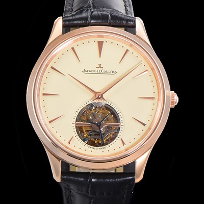 홍콩명품 [예거 르꿀르뜨] 남성용 마스터 울트라 씬 투어빌론 43mm 18K로즈골드 가죽줄 아이보리 다이얼 jag1292  