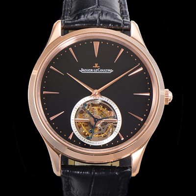 홍콩명품 [예거 르꿀르뜨] 남성용 마스터 울트라 씬 투어빌론 43mm 18K로즈골드 가죽줄 아이보리 다이얼  jag1925  