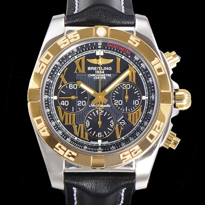 홍콩명품 [브라이틀링] 남성용 원드라이더 크로노맷 오토매틱 ETA-7750 기계식 44mm 18K 옐루골드 가죽줄 블랙다이얼 bre1951  