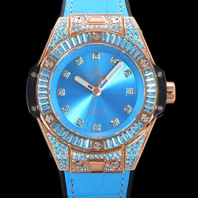 홍콩명품 [휴블렛] 남여공용 빅뱅 오토매틱 HUB1710타입 39mm 다이아/보석 세팅 로즈골드 우레탄/가죽 믹스밴드 블루다이얼 hub9312  