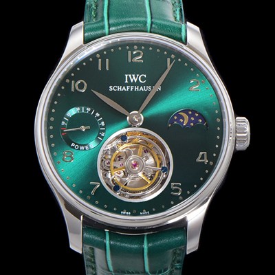 홍콩명품 [아이더블유씨] 남성용 신제품 UP!! 포르투기즈 컴플리케이션 하이  "투어빌론 문페이즈 파워 리저브"아시안 투어빌론 탑재  42mm 가죽줄 그린 다이얼   iwc9359  