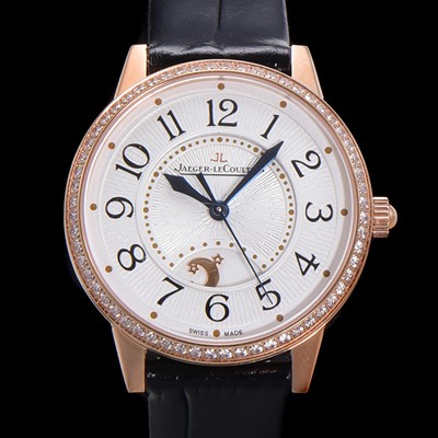 홍콩명품 [예거 르꿀르뜨] 여성용 랑데뷰 나잇&데이 문페이즈 오토매틱 898A 타입 무브 34mm 금장시계 보석 배젤 가죽줄 화이트다이얼 jag1151  