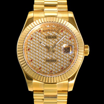 홍콩명품 [로렉스] 남성용 데이데이트II 오토매틱 E2836-2 타입 40mm  18K 옐루골드 올금 다이아몬드 문자판 골드다이얼 rol3125  
