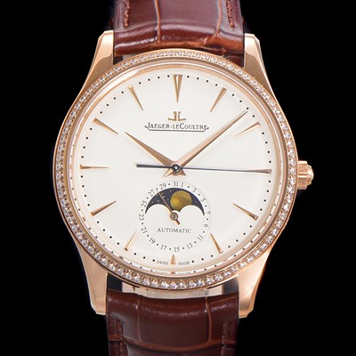홍콩명품 [예거 르꿀르뜨] 남성용 마스터 울트라 씬 문페이즈 오토매틱 925타입 18K로즈골드/다이아몬드 베젤 39mm 가죽줄 화이트다이얼 jag1519  