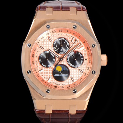 홍콩명품 [오데마피게] 남성용 로얄오크 퍼펙츄얼 캘린더 41mm 오토매틱 T5134 타입 18K로즈골드 가죽줄 골드다이얼  aud5119  