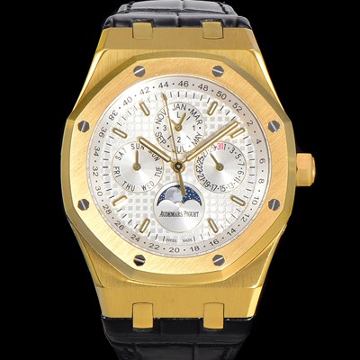 홍콩명품 [오데마피게] 남성용 로얄오크 퍼펙츄얼 캘린더 41mm 오토매틱 T5134 타입 18K옐루골드 가죽줄 화이트다이얼  aud3191  